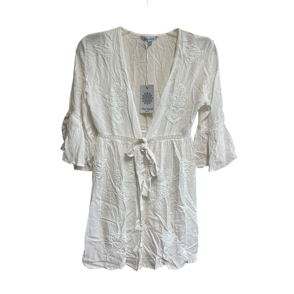 Blue Island Womens Embroidered Tie Front Swim Suit Coverup  Size XS White NWT